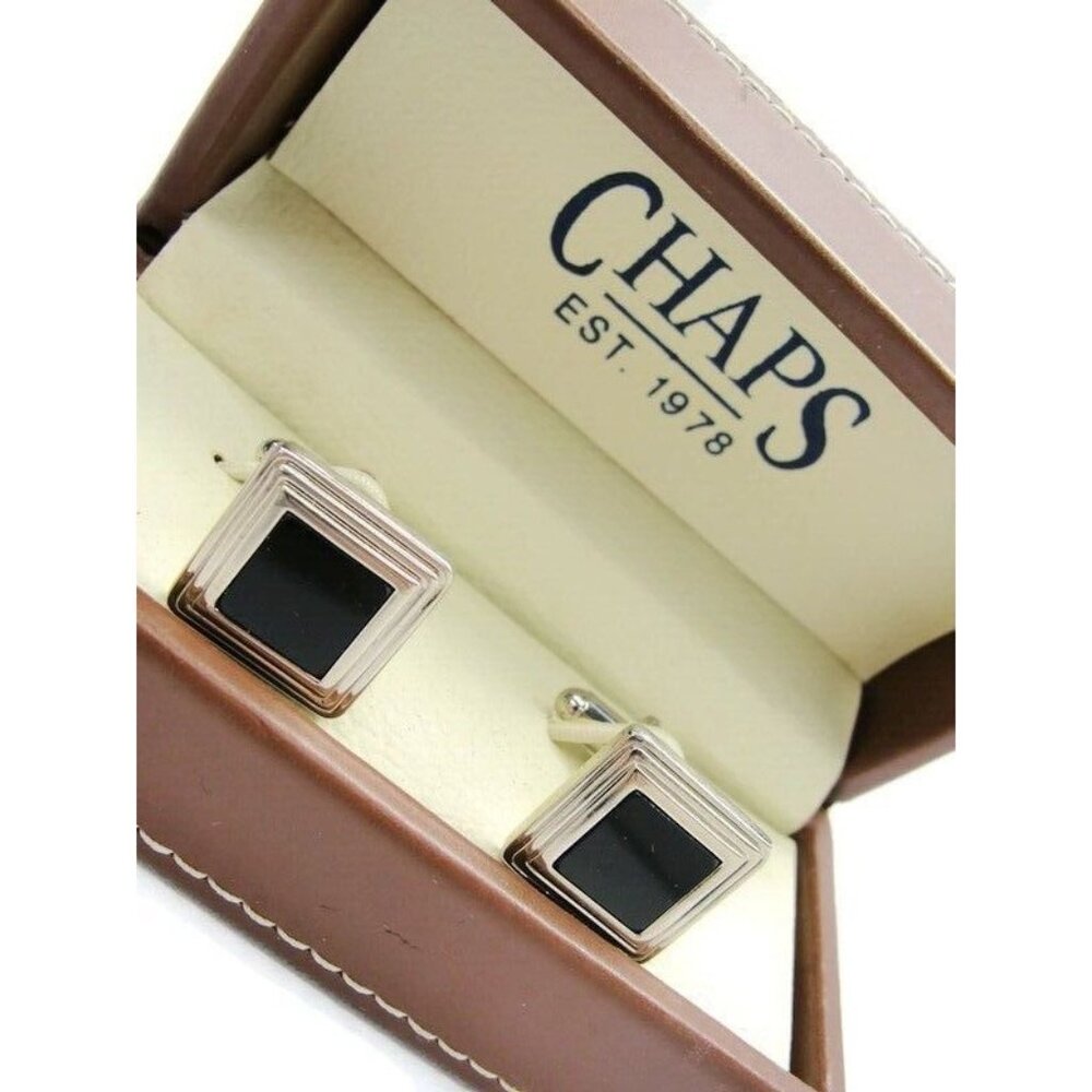Chaps Vintage Square Cufflinks Black & Silver Tone Tux Wedding Formal IOB
